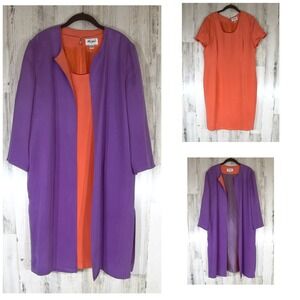 Misho Silk 2 Piece Dress Set Size 12 Coral Shift Purple Duster Coat Vintage READ